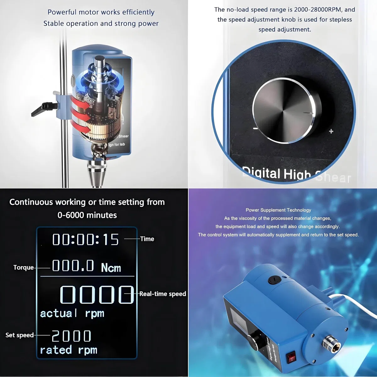 Agitateur électrique de laboratoire, agitateur numérique à hélice (200-28000 tr/min, volume 50-10000 ml, minuterie 6000 min, affichage numérique)