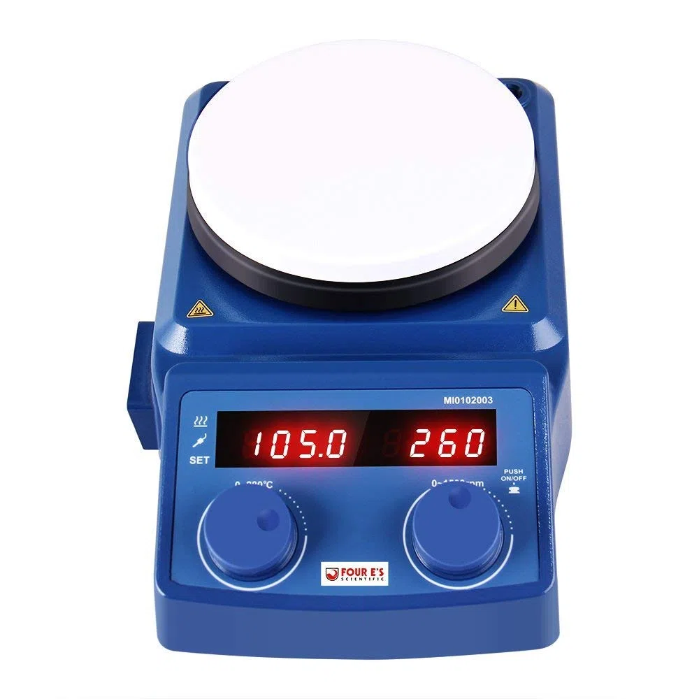 FOUR E'S SCIENTIFIC Agitateur magnétique avec plaque chauffante - 5 l - 100 à 1500 tr/min - 280 °C - Écran LED - Agitateur de laboratoire - Avec capteur PT1000 de température PT1000 - Support non