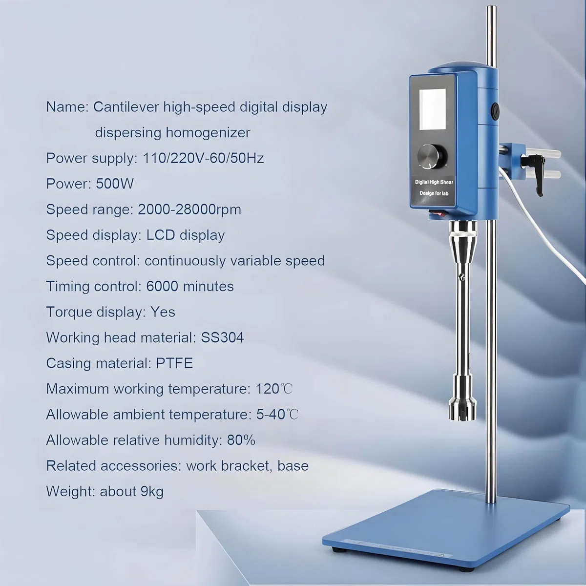 Agitateur électrique de laboratoire, agitateur numérique à hélice (200-28000 tr/min, volume 50-10000 ml, minuterie 6000 min, affichage numérique)
